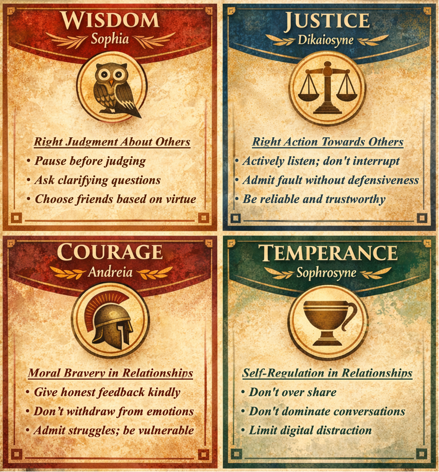 Four Virtues: Wisdom, Justice, Courage, Temperance — ideas for acts of service