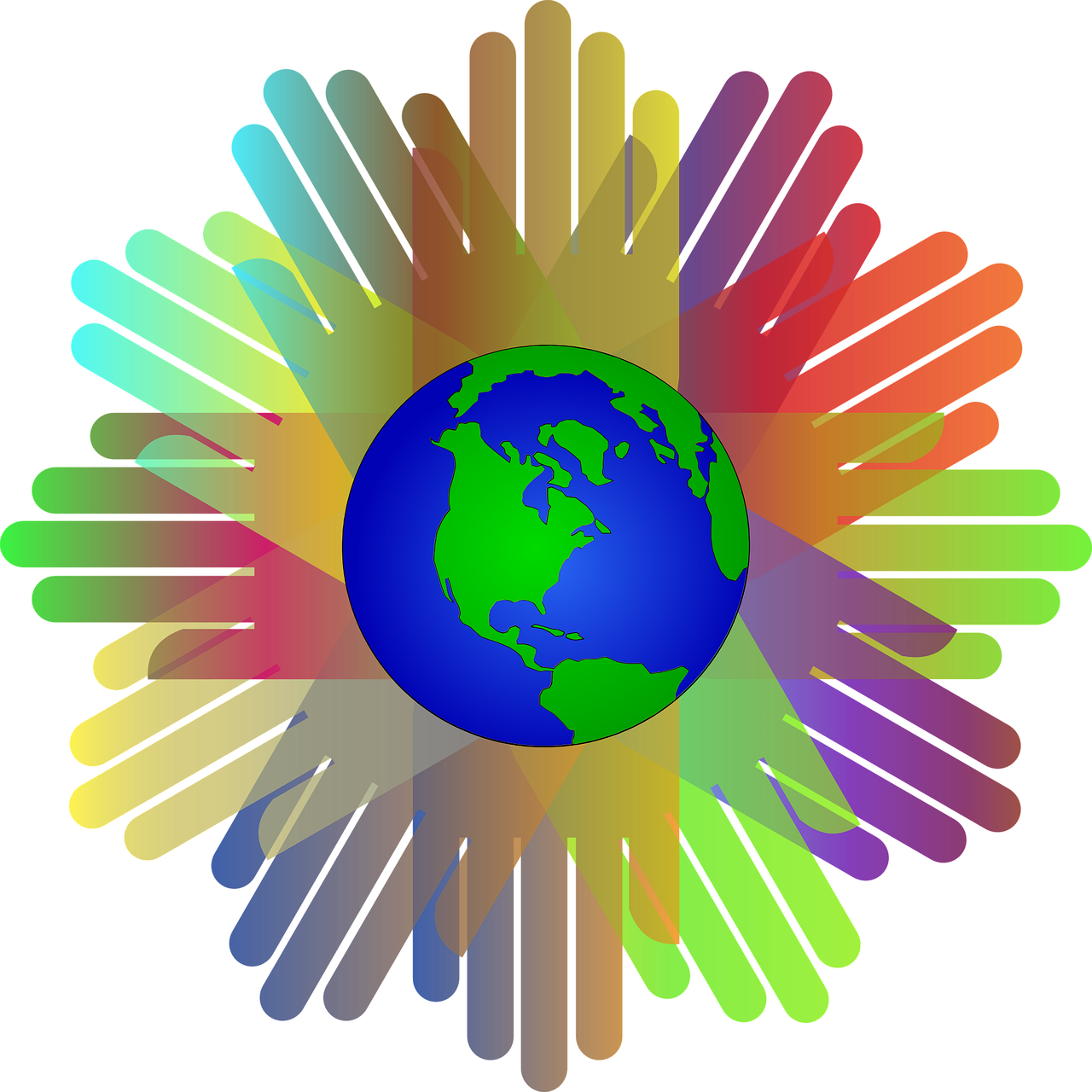 Colorful hands around the globe